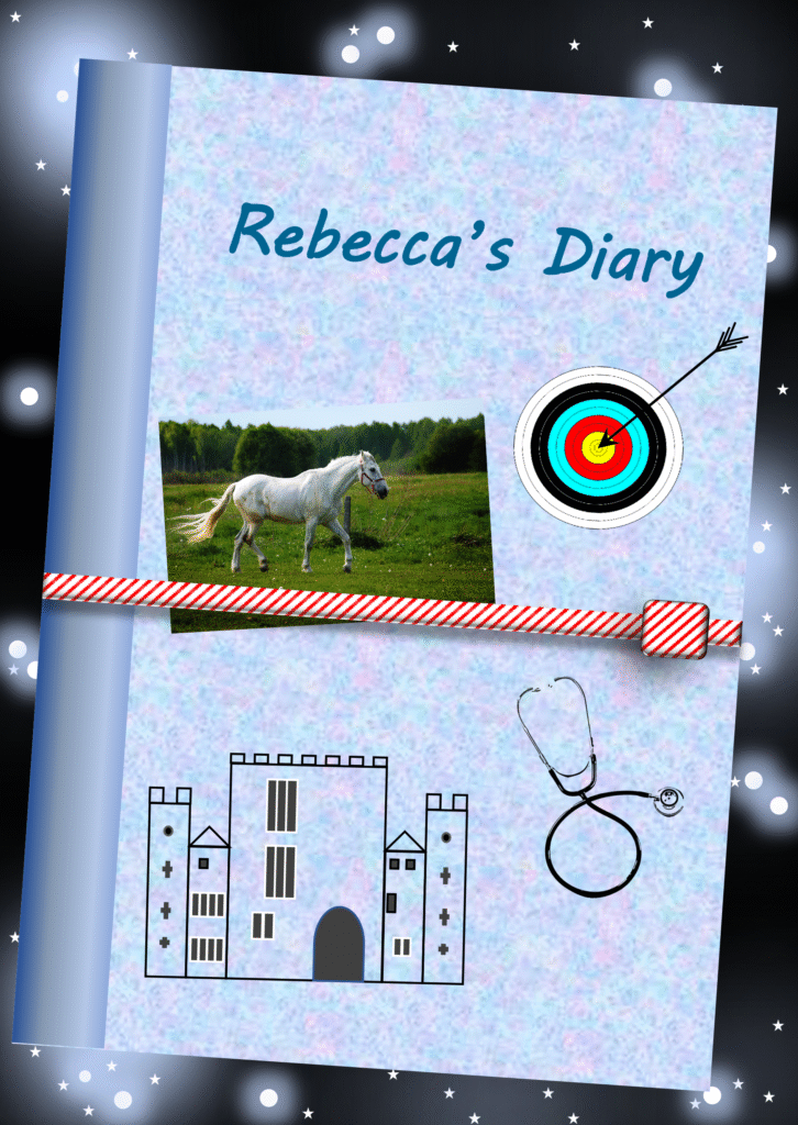 Book, titled,. 'Rebecca's Diary', floating in space. A photo of a horse and drawings of a castle, a stethoscope and and arrow in a round practice target on the cover. A red and white striped ribbon tied around the diary.